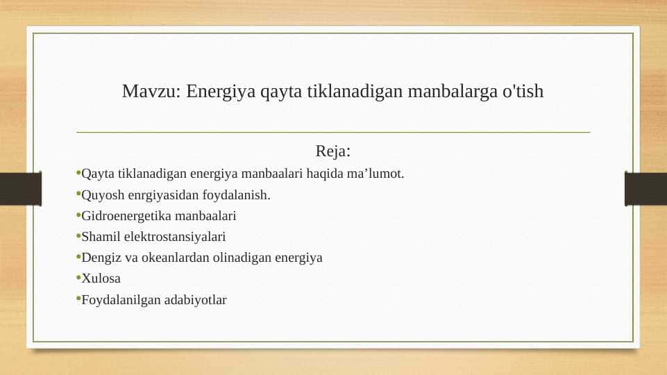 Energiya qayta tiklanadigan manbalarga o'tish