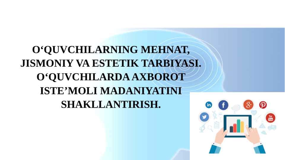 O‘QUVCHILARNING MEHNAT, JISMONIY VA ESTETIK TARBIYASI. O‘quvchilarda axborot iste’moli madaniyatini shakllantirish.