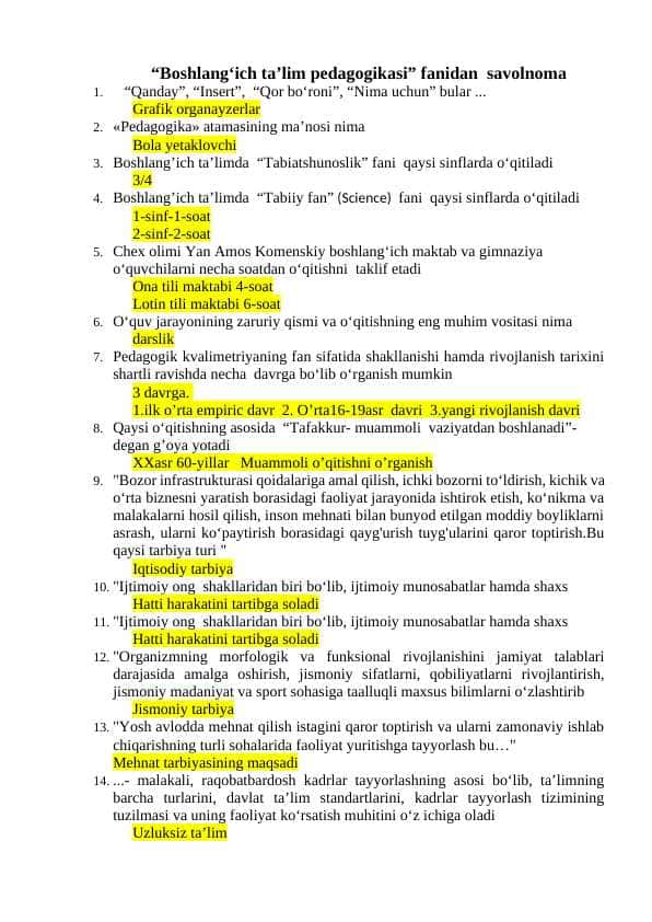 “Boshlang‘ich ta’lim pedagogikasi” fanidan savolnoma (javoblari bilan)