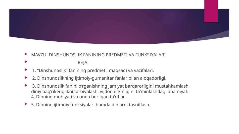 DINSHUNOSLIK FANINING PREDMETI VA FUNKSIYALARI