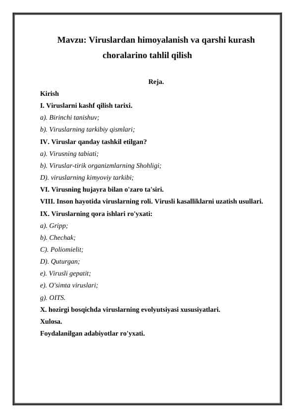 Viruslardan himoyalanish va qarshi kurash choralarino tahlil qilish