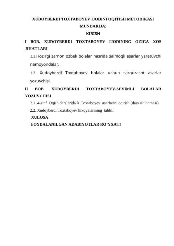 Xudoyberdi To'xtaboyevning ijodini o‘qitish metodikasi