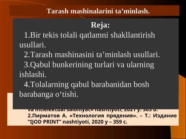 Tarash mashinalarini ta’minlash.