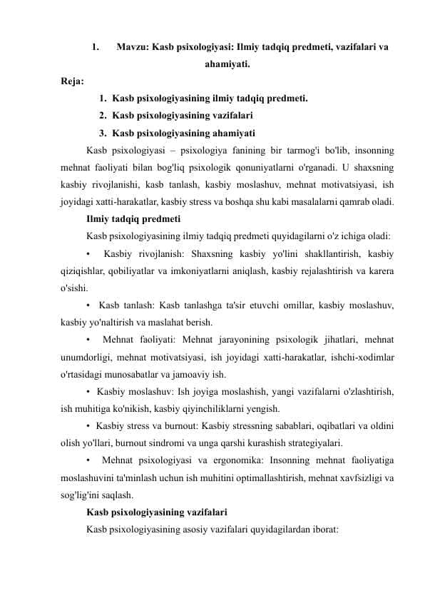 Kasb psixologiyasidan mustaqil ish