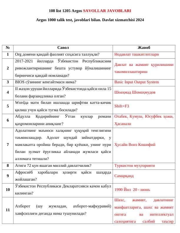 108 list 1205 Argos SAVOLLAR JAVOBLARI Argos 1000 talik test, javoblari bilan. Davlat xizmatchisi 2024