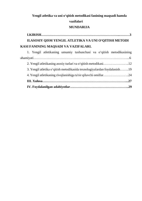 Yengil atletika va uni o‘qitish metodikasi fanining maqsadi hamda vazifalari