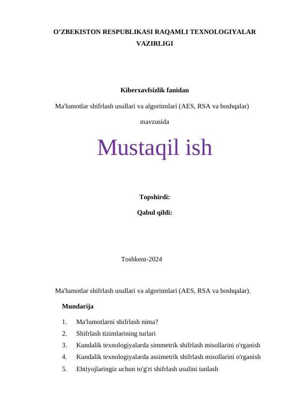 Ma'lumotlar shifrlash usullari va algoritmlari