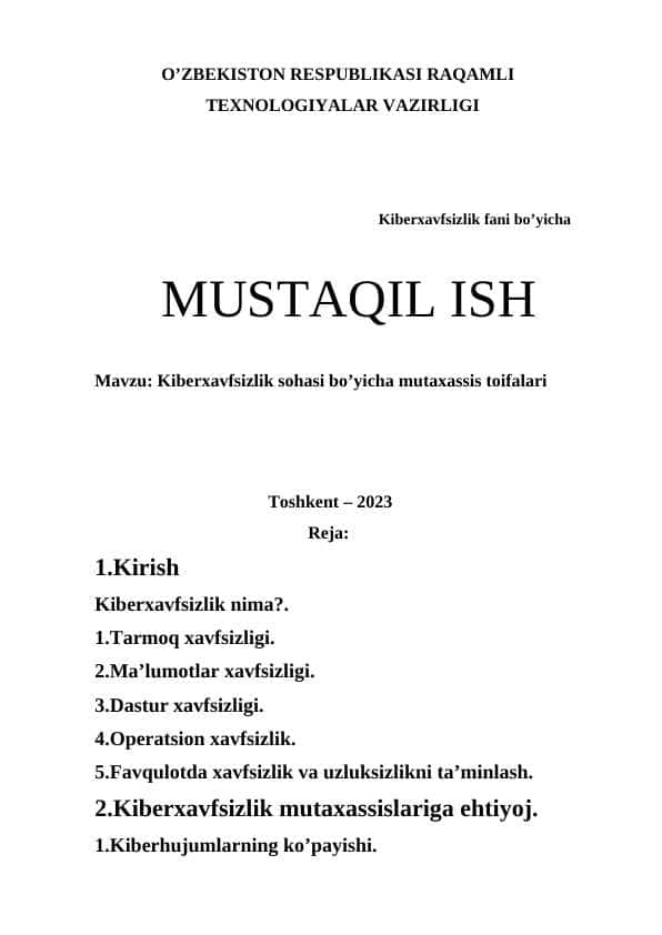 Kiberxavfsizlik sohasi bo’yicha mutaxassis toifalari