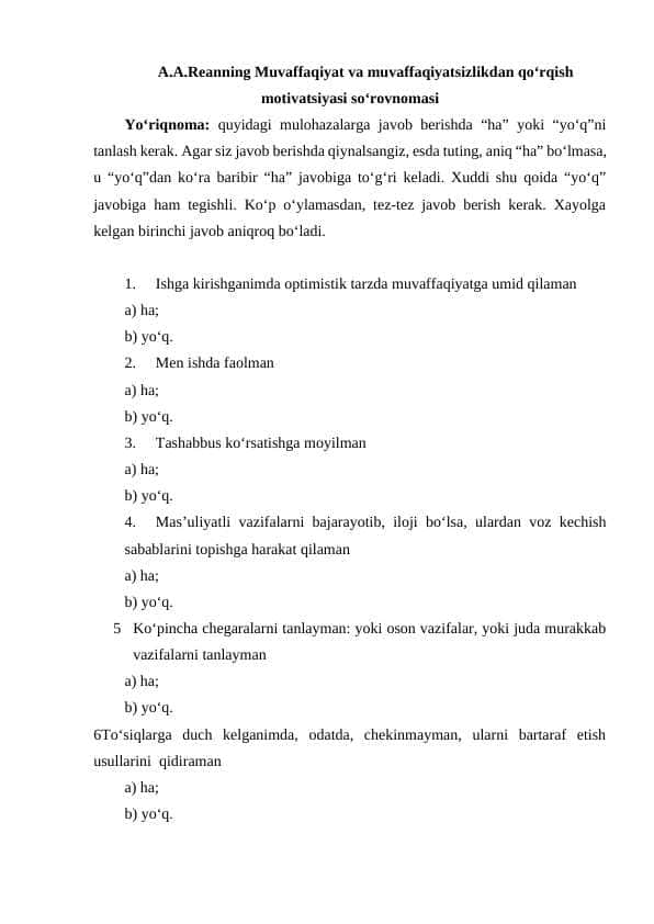 A.A.Reanning Muvaffaqiyat va muvaffaqiyatsizlikdan qoʻrqish motivatsiyasi soʻrovnomasi