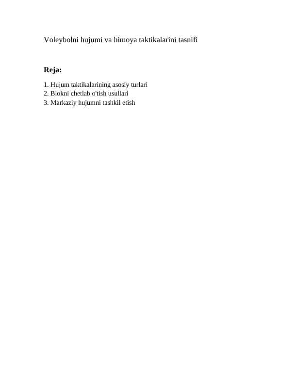 Voleybolni hujumi va himoya taktikalarini tasnifi