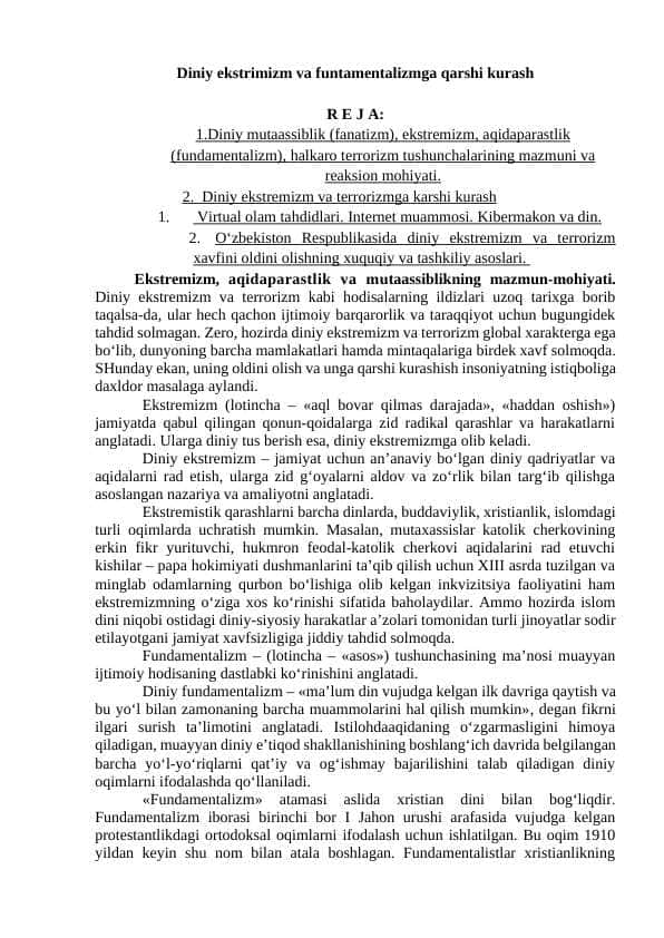 Diniy ekstrimizm va funtamentalizmga qarshi kurash