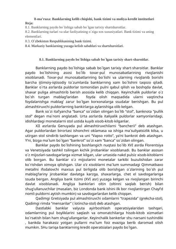 Banklarning kelib chiqishi, bank tizimi va moliya-kredit institutlari