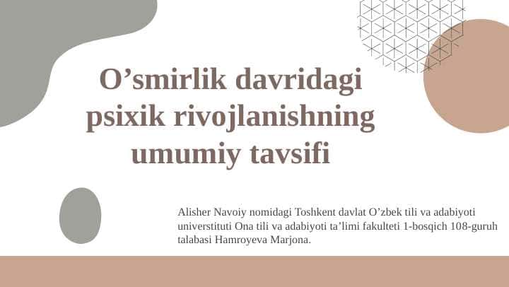 Oʻsmirlik davridagi psixik rivojlanishning umumiy tavsifi