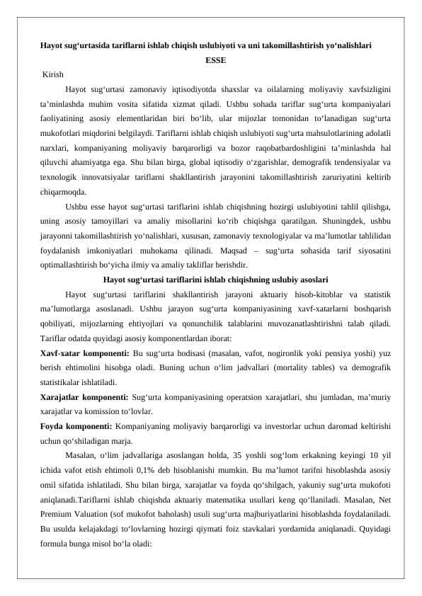 Hayot sug‘urtasida tariflarni ishlab chiqish uslubiyoti va uni takomillashtirish yo‘nalishlari esse