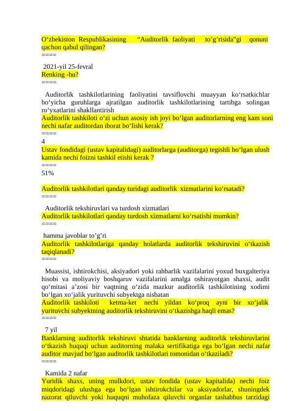 Audit test javobi bilan