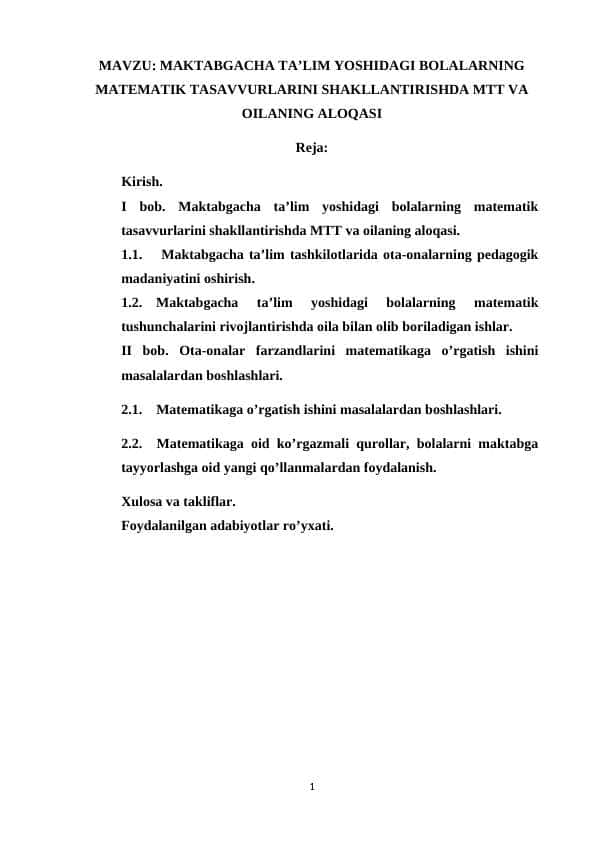 MAKTABGACHA TA’LIM YOSHIDAGI BOLALARNING MATEMATIK TASAVVURLARINI SHAKLLANTIRISHDA MTT VA OILANING ALOQASI