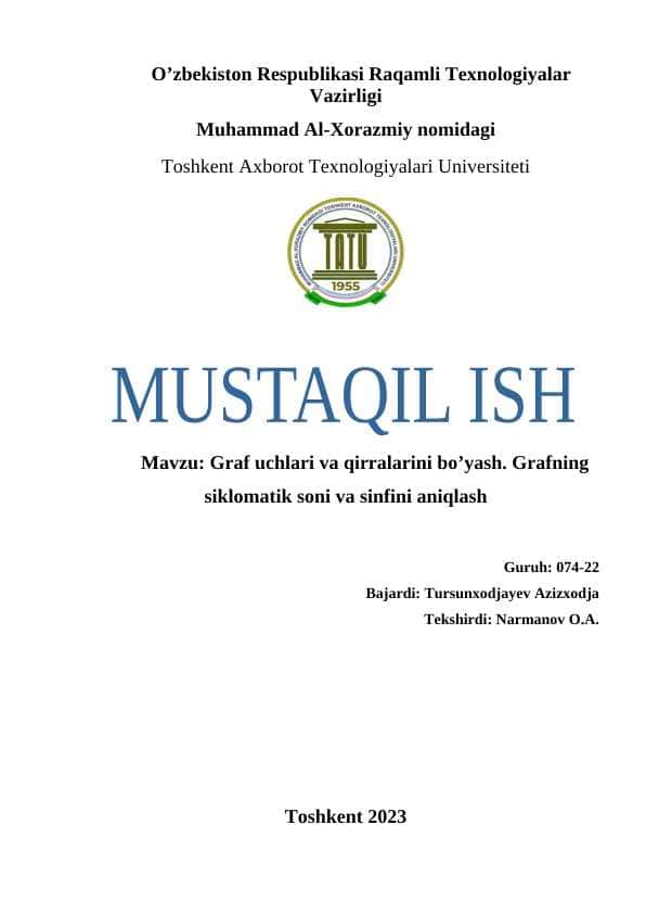 Graf uchlari va qirralarini bo’yash. Grafning siklomatik soni va sinfini aniqlash