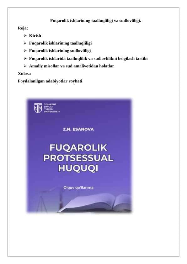 Fuqarolik ishlarining taalluqliligi va sudlovliligi.