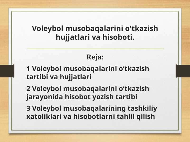 Voleybol musobaqalarini o'tkazish hujjatlari va hisoboti.
