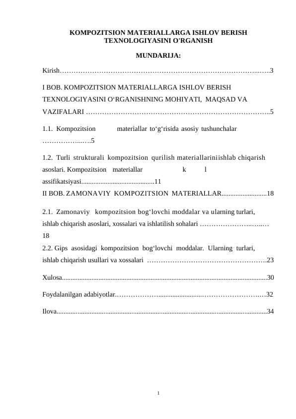 KOMPOZITSION MATERIALLARGA ISHLOV BERISH TEXNOLOGIYASINI O'RGANISH
