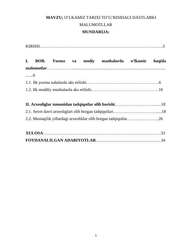 O’LKAMIZ TARIXI TO’G’RISIDAGI DASTLABKI MALUMOTLLAR kurs ishi
