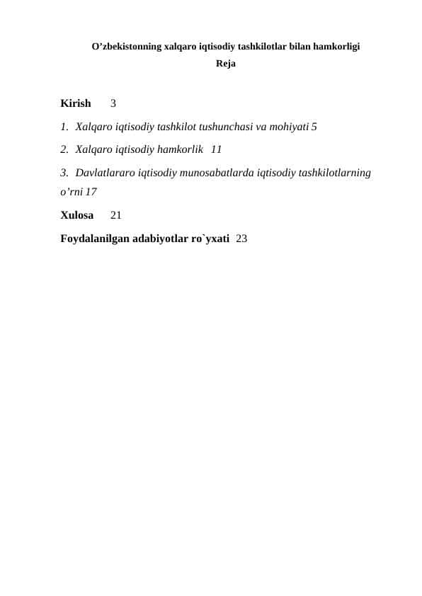 O’zbekistonning xalqaro iqtisodiy tashkilotlar bilan hamkorligi