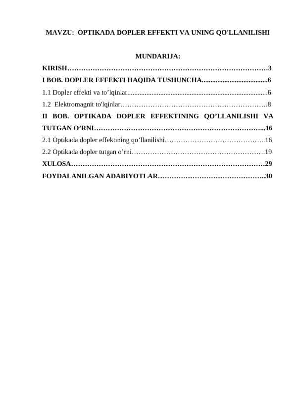 OPTIKADA DOPLER EFFEKTI VA UNING QO'LLANILISHI