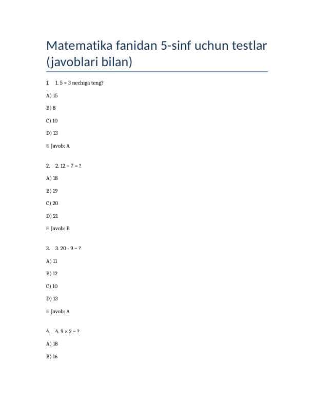 Matematika fanidan 5-sinf uchun test savollar