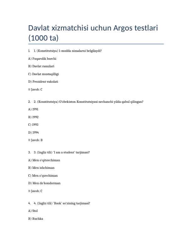 Argos 1000 talik test, javoblari bilan. Davlat xizmatchisi 2024-2025