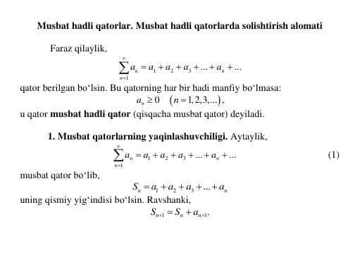 Musbat hadli qatorlar. Musbat hadli qatorlarda solishtirish alomati