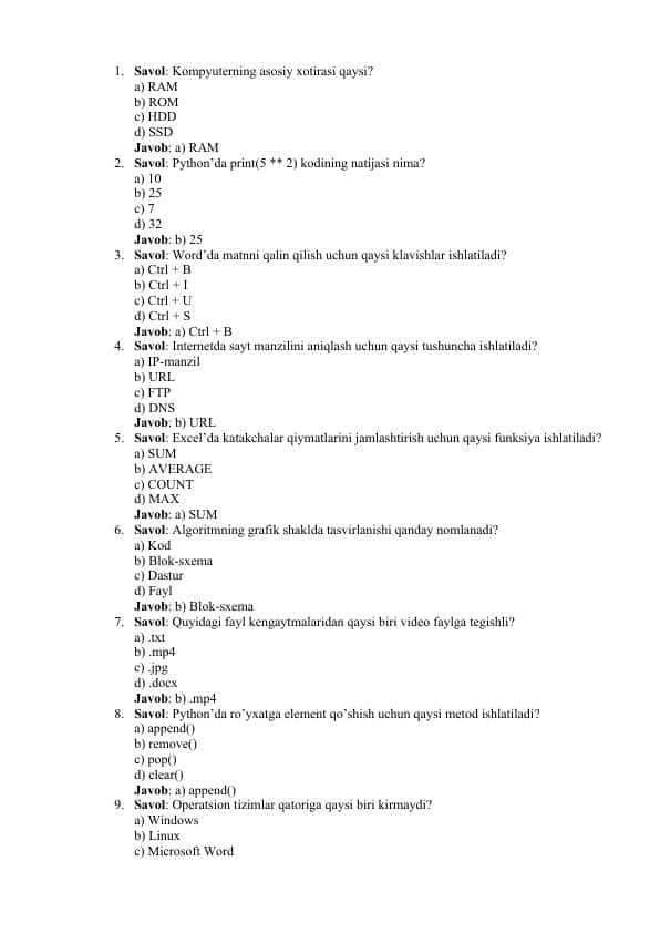 Informatika fanidan test savollari (Kuzgi attestatsiya 2024)