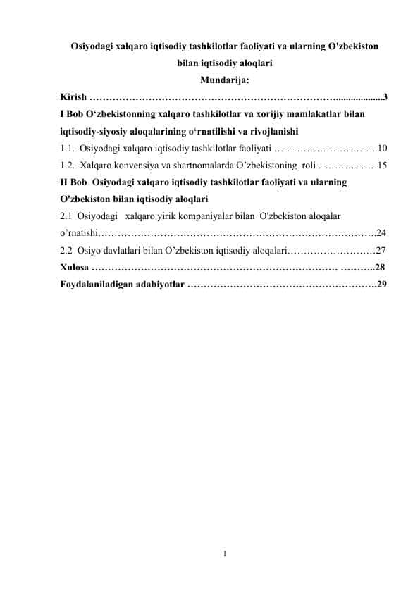 Osiyodagi xalqaro iqtisodiy tashkilotlar faoliyati va ularning O'zbekiston bilan iqtisodiy aloqlari 1
