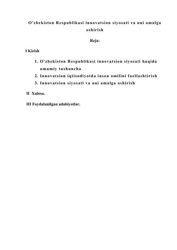 O'zbekiston Respublikasi innovatsion siyosati va uni amalga oshirish