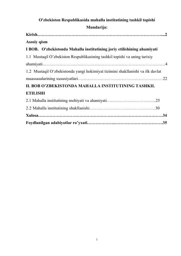 O'zbekiston Respublikasida mahalla institutining tashkil topishi