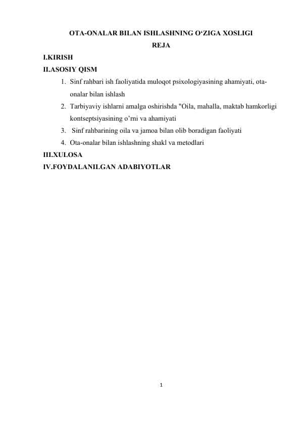 OTA-ONALAR BILAN ISHLASHNING O‘ZIGA XOSLIGI
