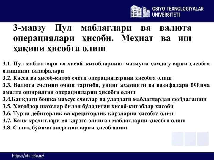3-мавзу Pul mablag’lari va valyuta operatsiyalari, Mehnat va ish haqini hisobga olish.