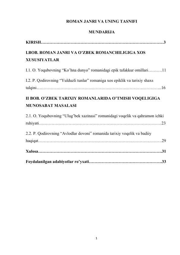 ROMAN JANRI VA UNING TASNIFI