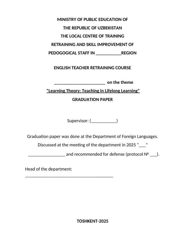 "Learning Theory: Teaching in Lifelong Learning" ingliz tilida