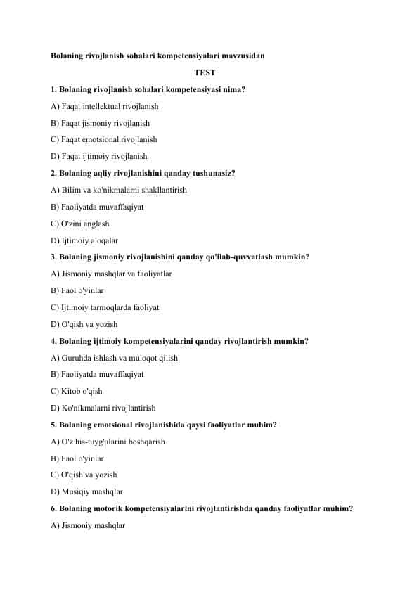 Bolaning rivojlanish sohalari kompetensiyalari