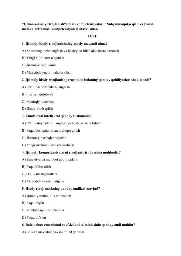 "Ijtimoiy-hissiy rivojlanish"sohasi kompetensiyalari,"Nutq,muloqot,o`qish va yozish malakalari"sohasi kompetensiyalari