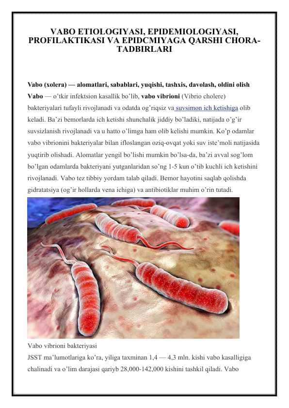 VABO ETIOLOGIYASI, EPIDEMIOLOGIYASI, PROFILAKTIKASI VA EPIDCMIYAGA QARSHI CHORA-TADBIRLARI