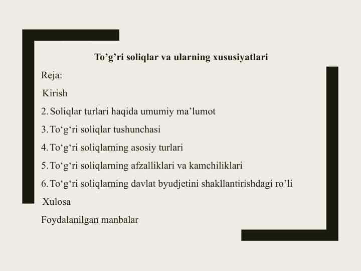 To’g’ri soliqlar va ularning xususiyatlari 25