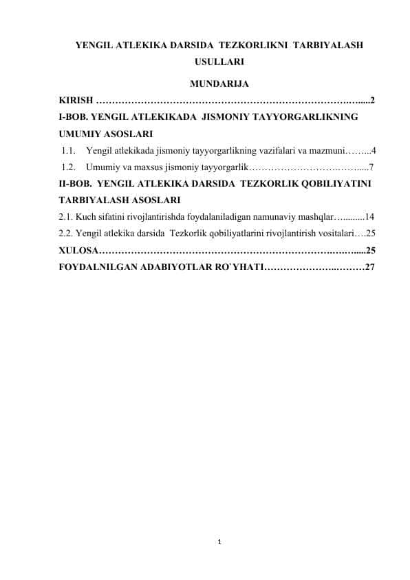 YENGIL ATLEKIKA DARSIDA TEZKORLIKNI TARBIYALASH USULLARI