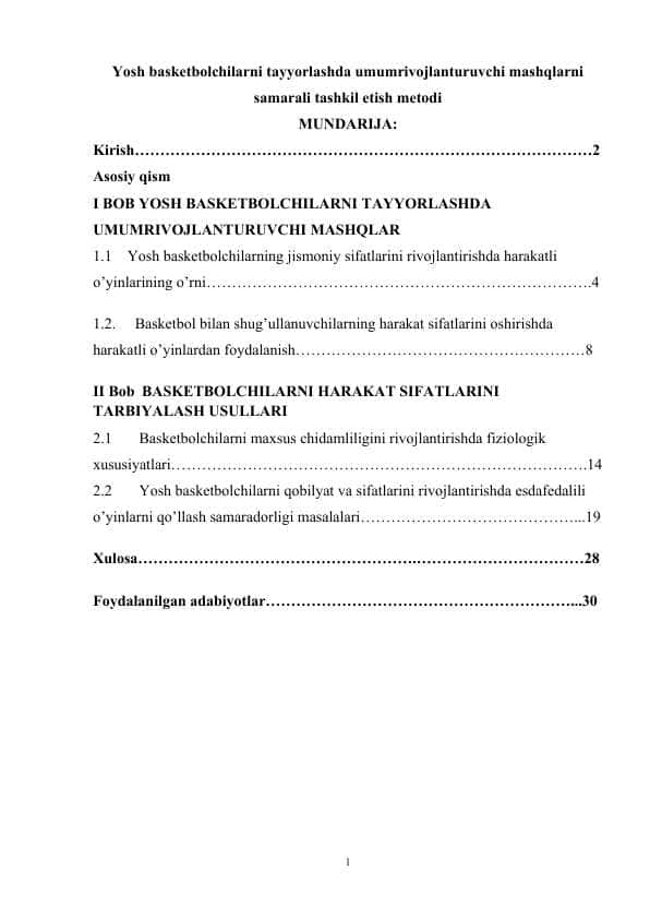 Yosh basketbolchilarni tayyorlashda umumrivojlanturuvchi mashqlarni samarali tashkil etish metodi