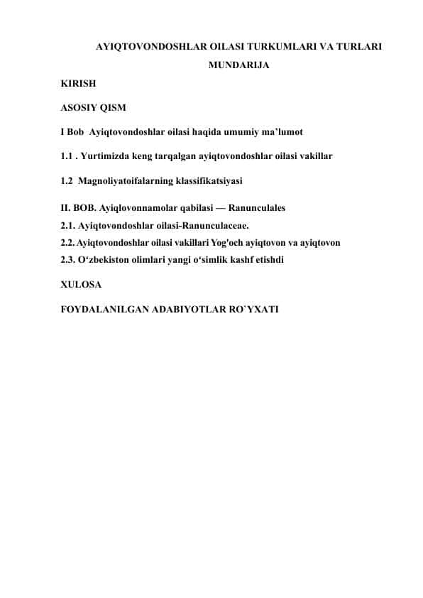 AYIQTOVONDOSHLAR OILASI TURKUMLARI VA TURLARI