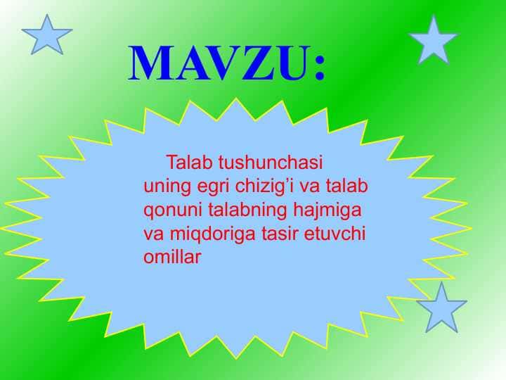 Talab tushunchasi uning egri chizig’i va talab qonuni talabning hajmiga va miqdoriga tasir etuvchi omillar