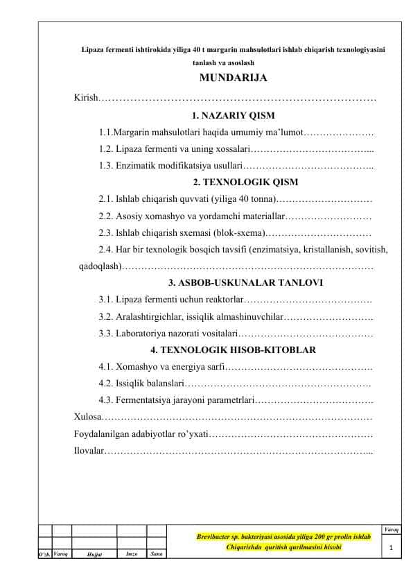 Lipaza fermenti ishtirokida yiliga 40 t margarin mahsulotlari ishlab chiqarish texnologiyasini tanlash va asoslash