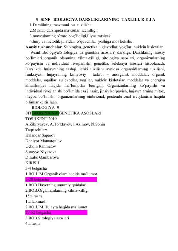 9 sinf biologiya darslik tahlili