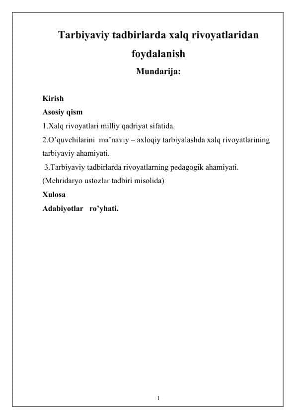 Tarbiyaviy tadbirlarda xalq rivoyatlaridan foydalanish