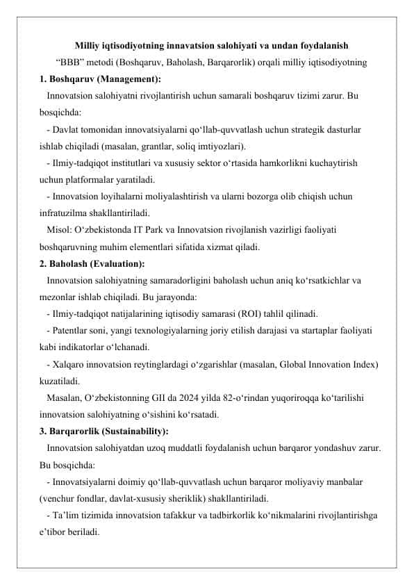 Milliy iqtisodiyotning innavatsion salohiyati va undan foydalanish BBB metod